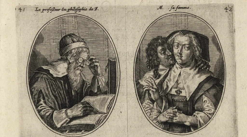 An illustration from Les abus du mariage, ou sont clairement representez les subtilitez deshonnestes, tant des femmes que des hommes, dont ils usent pour se tromper l'un l'autre. A cecy sont adjoustez quelques enseignemens pour corriger tels abus. Misbruick des houwelycx, waer in klaerlijck word uitgebeeldt de boosheden en loosheden zo wel tusschen mannen als vrouwen gepleeght, om malkander behendigh te bedriegen. Hier zijn bygevoeght eenige nutte en noodige leeringh, streckende tot verbeteringe der hedensdaeghsche bedorven huyshoudinge. The mistake off matrimonij, wherin is clearely set out the shamefull craftinesse as well by men, as women, pleading one against an other of their shamefull deceitfulnesse. Here is also by joyned some learned instructions to the amendement and reproouing of that filthinesse, 1641, leaf 58