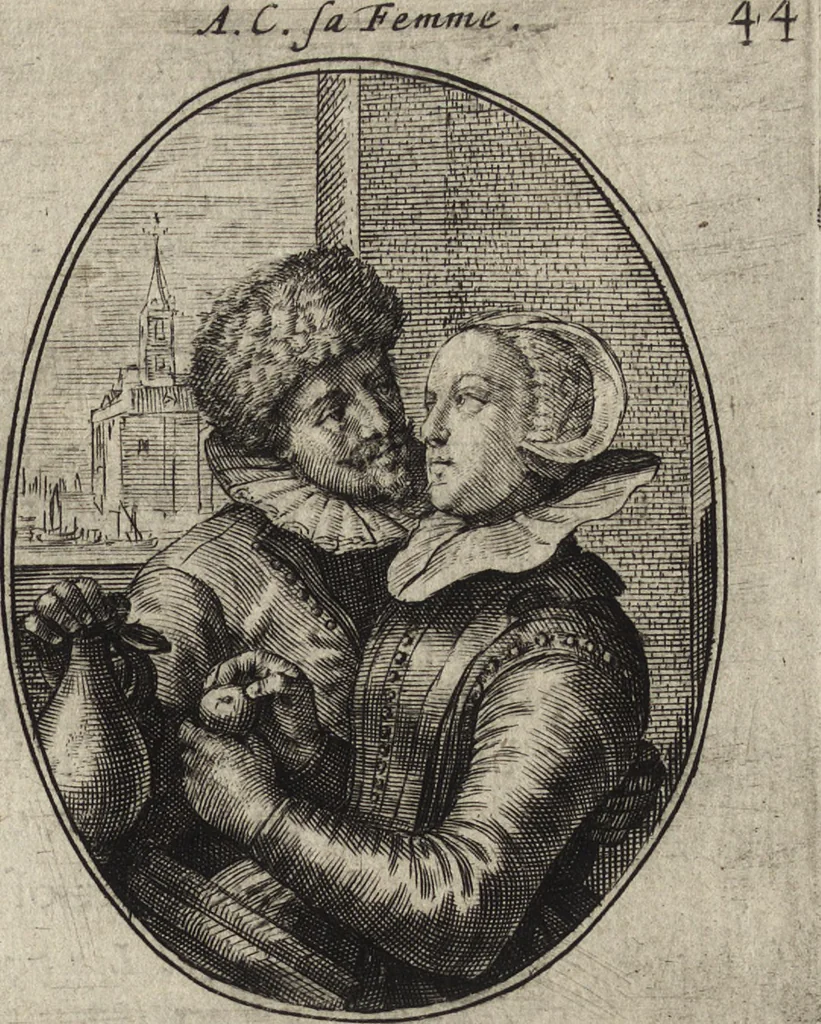 An illustration from Les abus du mariage, ou sont clairement representez les subtilitez deshonnestes, tant des femmes que des hommes, dont ils usent pour se tromper l'un l'autre. A cecy sont adjoustez quelques enseignemens pour corriger tels abus. Misbruick des houwelycx, waer in klaerlijck word uitgebeeldt de boosheden en loosheden zo wel tusschen mannen als vrouwen gepleeght, om malkander behendigh te bedriegen. Hier zijn bygevoeght eenige nutte en noodige leeringh, streckende tot verbeteringe der hedensdaeghsche bedorven huyshoudinge. The mistake off matrimonij, wherin is clearely set out the shamefull craftinesse as well by men, as women, pleading one against an other of their shamefull deceitfulnesse. Here is also by joyned some learned instructions to the amendement and reproouing of that filthinesse, 1641, leaf 60