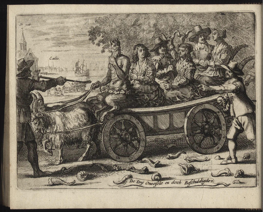 An illustration from Les abus du mariage, ou sont clairement representez les subtilitez deshonnestes, tant des femmes que des hommes, dont ils usent pour se tromper l'un l'autre. A cecy sont adjoustez quelques enseignemens pour corriger tels abus. Misbruick des houwelycx, waer in klaerlijck word uitgebeeldt de boosheden en loosheden zo wel tusschen mannen als vrouwen gepleeght, om malkander behendigh te bedriegen. Hier zijn bygevoeght eenige nutte en noodige leeringh, streckende tot verbeteringe der hedensdaeghsche bedorven huyshoudinge. The mistake off matrimonij, wherin is clearely set out the shamefull craftinesse as well by men, as women, pleading one against an other of their shamefull deceitfulnesse. Here is also by joyned some learned instructions to the amendement and reproouing of that filthinesse, 1641, leaf 77