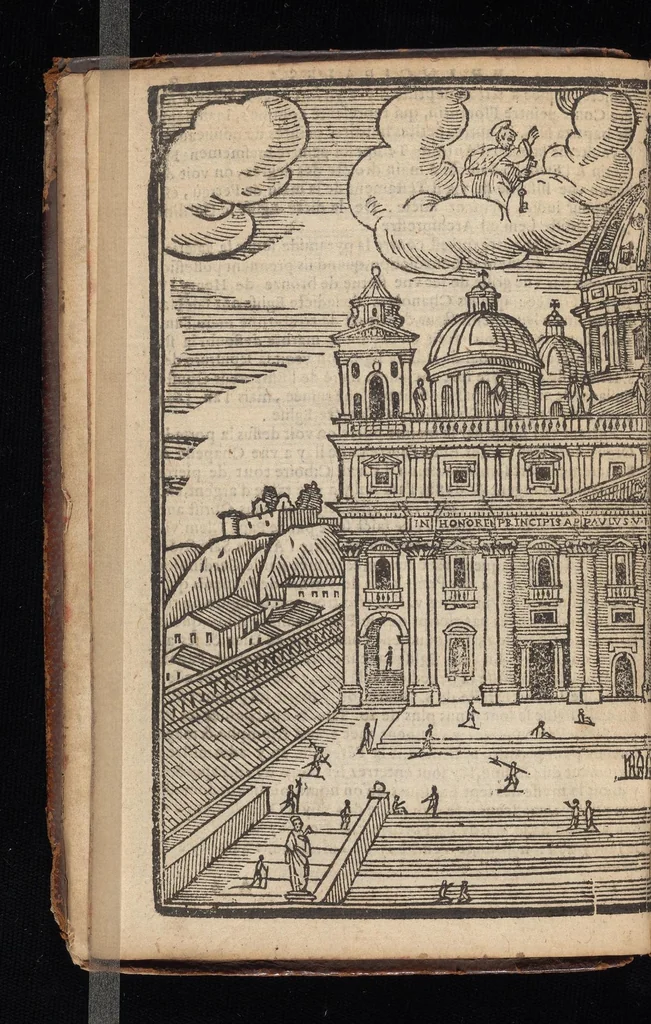 An illustration from Les merveilles de la ville de Rome : ou il est traictè des eglises, stations & reliques des corps saincts, qui y sont : auec la guide, qui enseigne aux estrangers à aysèment trouuer les choses plus remarquables de Rome : auec les noms de papes, empereurs & autres princes chrestiens ..., 1637, leaf 11