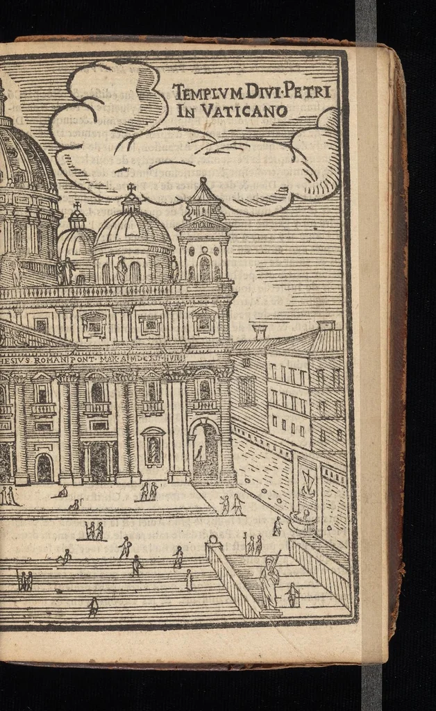 An illustration from Les merveilles de la ville de Rome : ou il est traictè des eglises, stations & reliques des corps saincts, qui y sont : auec la guide, qui enseigne aux estrangers à aysèment trouuer les choses plus remarquables de Rome : auec les noms de papes, empereurs & autres princes chrestiens ..., 1637, leaf 12