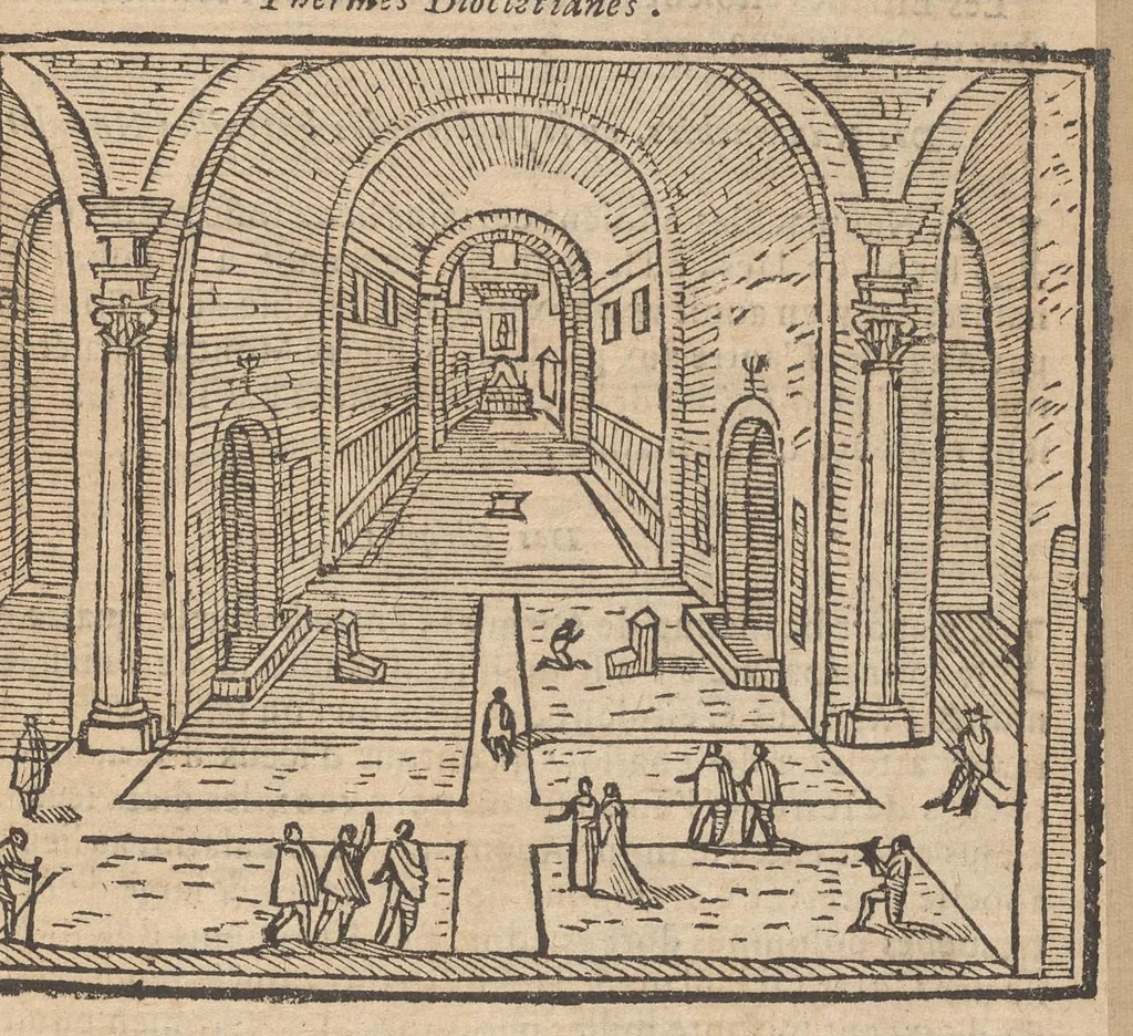 An illustration from Les merveilles de la ville de Rome : ou il est traictè des eglises, stations & reliques des corps saincts, qui y sont : auec la guide, qui enseigne aux estrangers à aysèment trouuer les choses plus remarquables de Rome : auec les noms de papes, empereurs & autres princes chrestiens ..., 1637, leaf 148