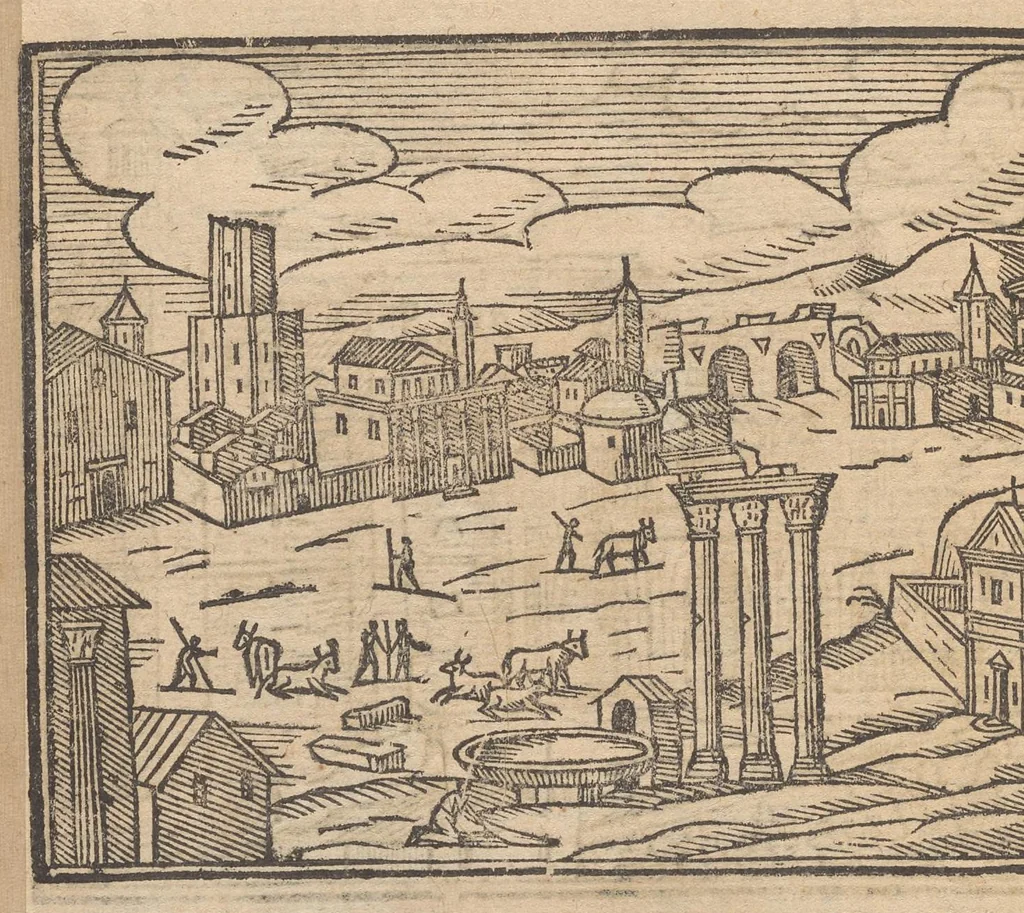 An illustration from Les merveilles de la ville de Rome : ou il est traictè des eglises, stations & reliques des corps saincts, qui y sont : auec la guide, qui enseigne aux estrangers à aysèment trouuer les choses plus remarquables de Rome : auec les noms de papes, empereurs & autres princes chrestiens ..., 1637, leaf 153