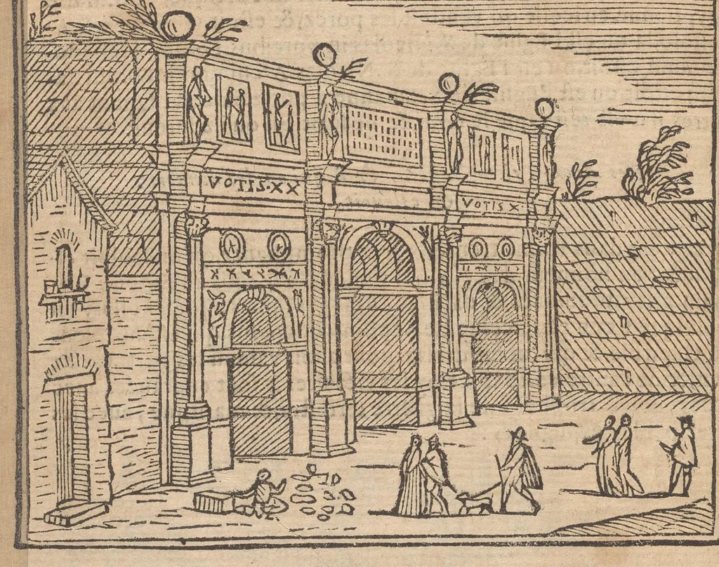 An illustration from Les merveilles de la ville de Rome : ou il est traictè des eglises, stations & reliques des corps saincts, qui y sont : auec la guide, qui enseigne aux estrangers à aysèment trouuer les choses plus remarquables de Rome : auec les noms de papes, empereurs & autres princes chrestiens ..., 1637, leaf 155