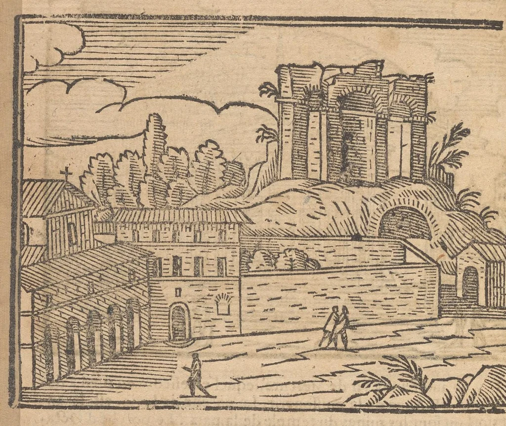 An illustration from Les merveilles de la ville de Rome : ou il est traictè des eglises, stations & reliques des corps saincts, qui y sont : auec la guide, qui enseigne aux estrangers à aysèment trouuer les choses plus remarquables de Rome : auec les noms de papes, empereurs & autres princes chrestiens ..., 1637, leaf 157