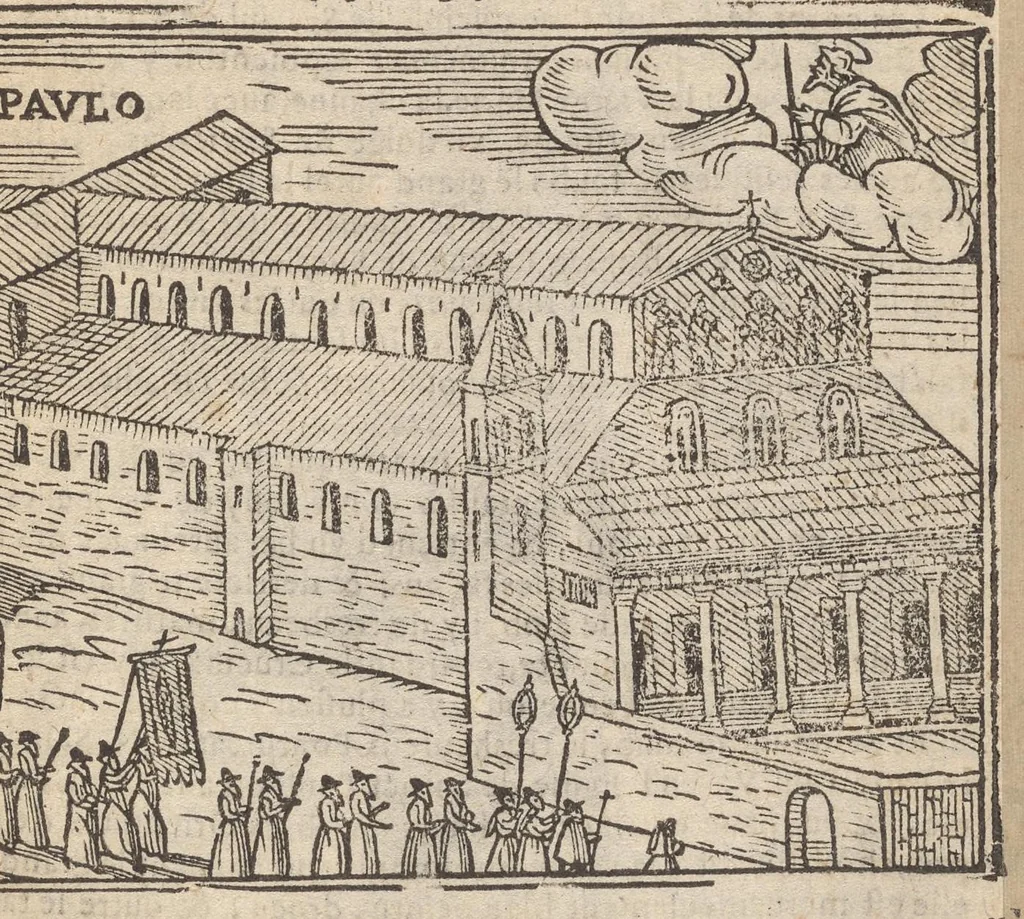 An illustration from Les merveilles de la ville de Rome : ou il est traictè des eglises, stations & reliques des corps saincts, qui y sont : auec la guide, qui enseigne aux estrangers à aysèment trouuer les choses plus remarquables de Rome : auec les noms de papes, empereurs & autres princes chrestiens ..., 1637, leaf 18