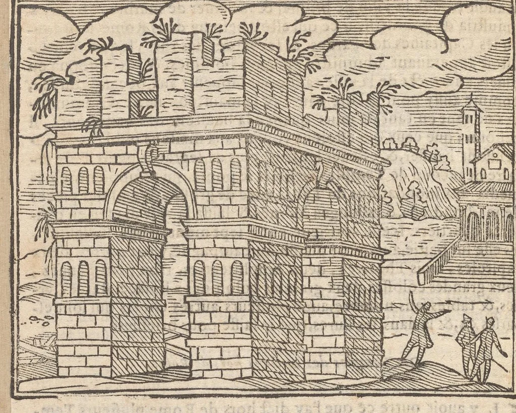 An illustration from Les merveilles de la ville de Rome : ou il est traictè des eglises, stations & reliques des corps saincts, qui y sont : auec la guide, qui enseigne aux estrangers à aysèment trouuer les choses plus remarquables de Rome : auec les noms de papes, empereurs & autres princes chrestiens ..., 1637, leaf 185