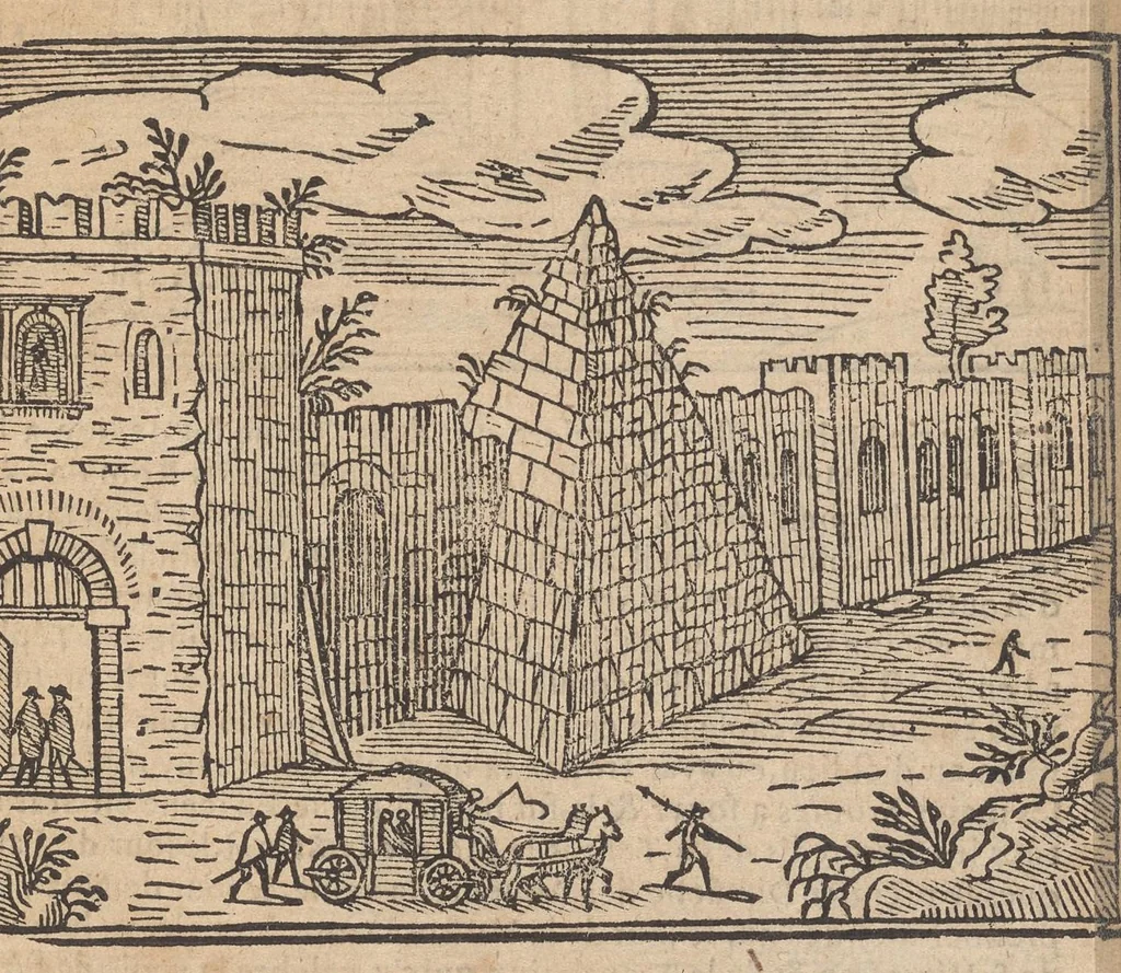 An illustration from Les merveilles de la ville de Rome : ou il est traictè des eglises, stations & reliques des corps saincts, qui y sont : auec la guide, qui enseigne aux estrangers à aysèment trouuer les choses plus remarquables de Rome : auec les noms de papes, empereurs & autres princes chrestiens ..., 1637, leaf 20