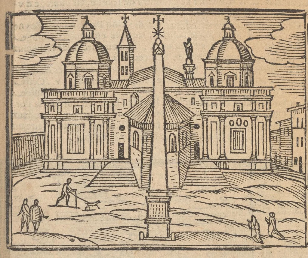 An illustration from Les merveilles de la ville de Rome : ou il est traictè des eglises, stations & reliques des corps saincts, qui y sont : auec la guide, qui enseigne aux estrangers à aysèment trouuer les choses plus remarquables de Rome : auec les noms de papes, empereurs & autres princes chrestiens ..., 1637, leaf 21
