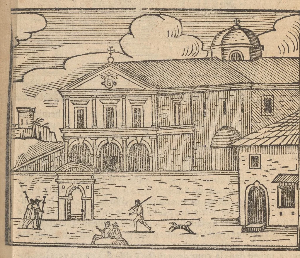An illustration from Les merveilles de la ville de Rome : ou il est traictè des eglises, stations & reliques des corps saincts, qui y sont : auec la guide, qui enseigne aux estrangers à aysèment trouuer les choses plus remarquables de Rome : auec les noms de papes, empereurs & autres princes chrestiens ..., 1637, leaf 25