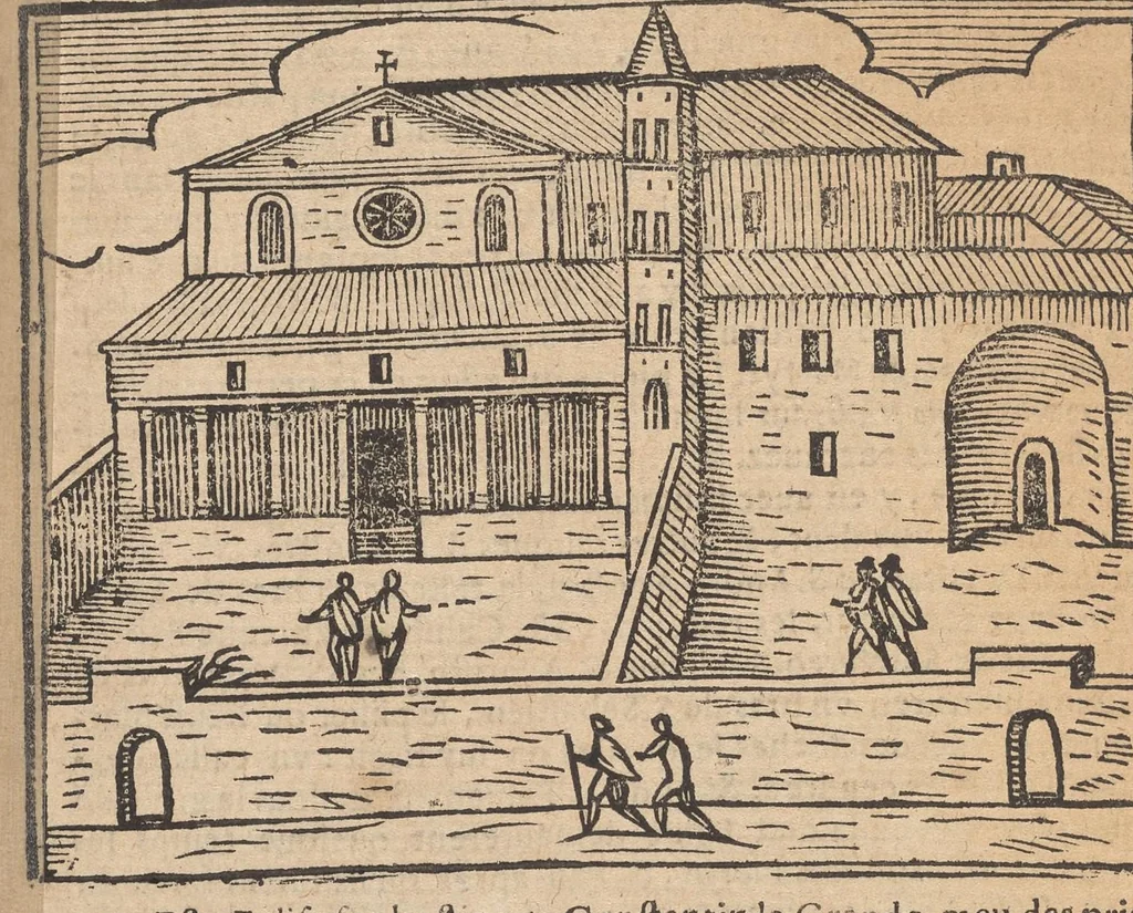 An illustration from Les merveilles de la ville de Rome : ou il est traictè des eglises, stations & reliques des corps saincts, qui y sont : auec la guide, qui enseigne aux estrangers à aysèment trouuer les choses plus remarquables de Rome : auec les noms de papes, empereurs & autres princes chrestiens ..., 1637, leaf 27