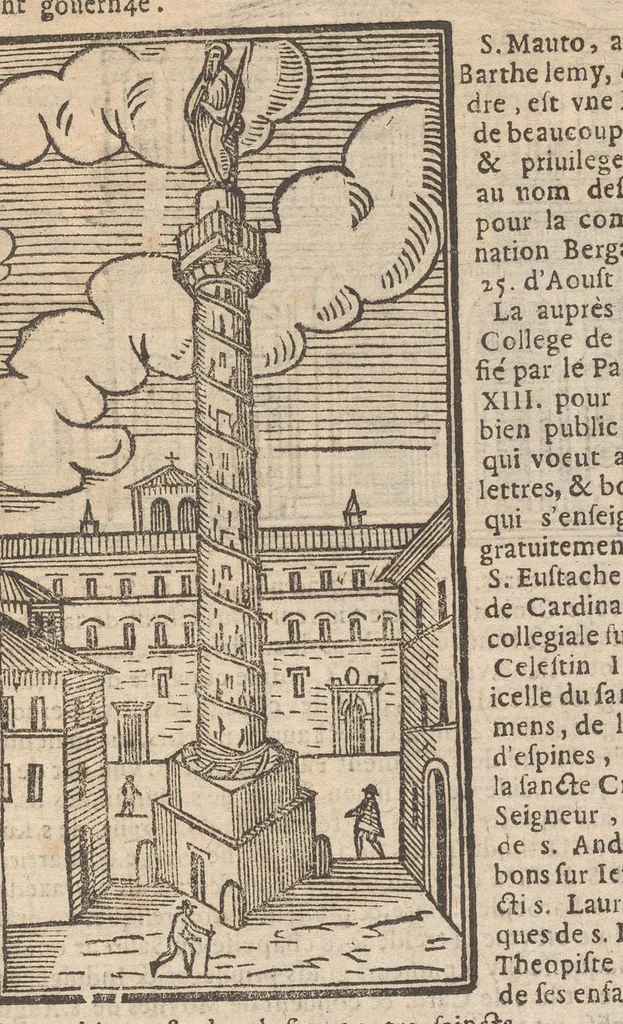 An illustration from Les merveilles de la ville de Rome : ou il est traictè des eglises, stations & reliques des corps saincts, qui y sont : auec la guide, qui enseigne aux estrangers à aysèment trouuer les choses plus remarquables de Rome : auec les noms de papes, empereurs & autres princes chrestiens ..., 1637, leaf 44