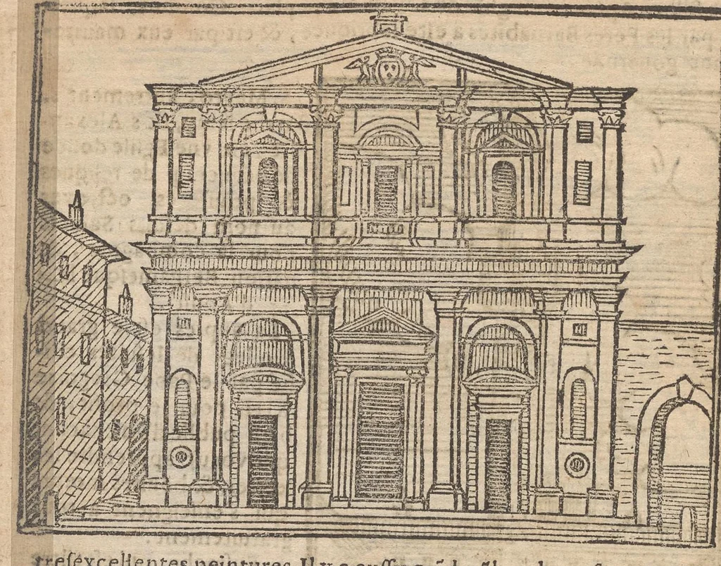 An illustration from Les merveilles de la ville de Rome : ou il est traictè des eglises, stations & reliques des corps saincts, qui y sont : auec la guide, qui enseigne aux estrangers à aysèment trouuer les choses plus remarquables de Rome : auec les noms de papes, empereurs & autres princes chrestiens ..., 1637, leaf 45