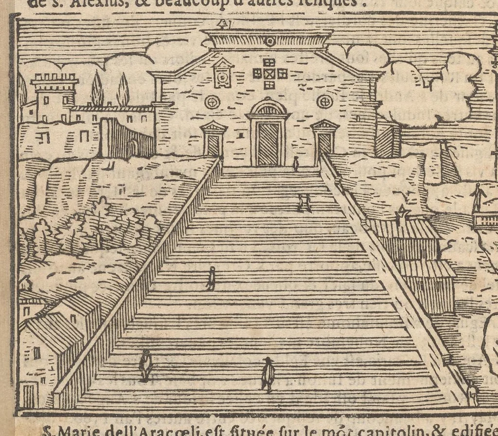 An illustration from Les merveilles de la ville de Rome : ou il est traictè des eglises, stations & reliques des corps saincts, qui y sont : auec la guide, qui enseigne aux estrangers à aysèment trouuer les choses plus remarquables de Rome : auec les noms de papes, empereurs & autres princes chrestiens ..., 1637, leaf 51