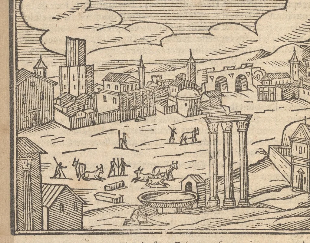 An illustration from Les merveilles de la ville de Rome : ou il est traictè des eglises, stations & reliques des corps saincts, qui y sont : auec la guide, qui enseigne aux estrangers à aysèment trouuer les choses plus remarquables de Rome : auec les noms de papes, empereurs & autres princes chrestiens ..., 1637, leaf 53