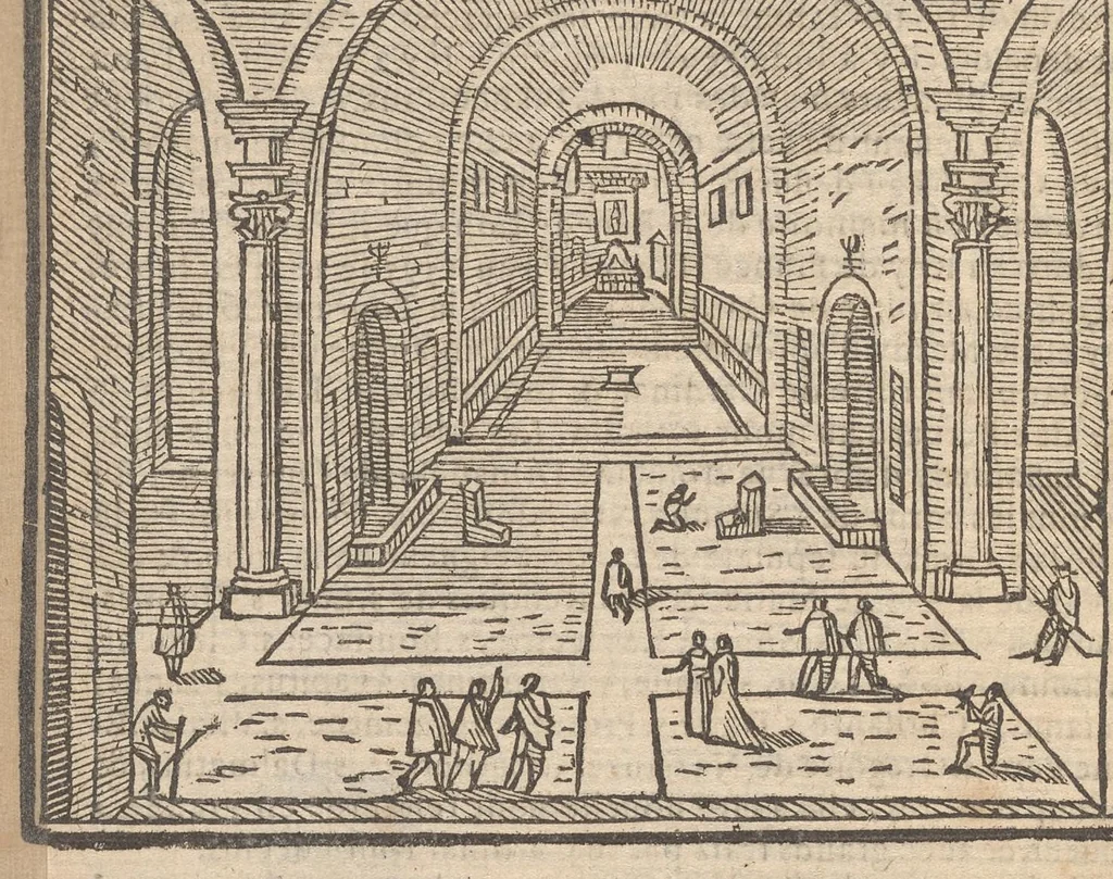 An illustration from Les merveilles de la ville de Rome : ou il est traictè des eglises, stations & reliques des corps saincts, qui y sont : auec la guide, qui enseigne aux estrangers à aysèment trouuer les choses plus remarquables de Rome : auec les noms de papes, empereurs & autres princes chrestiens ..., 1637, leaf 59