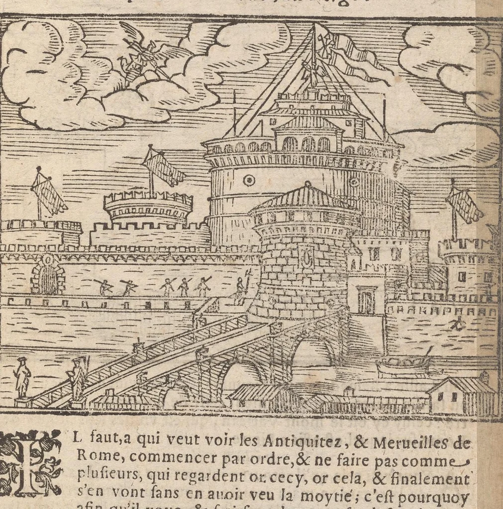 An illustration from Les merveilles de la ville de Rome : ou il est traictè des eglises, stations & reliques des corps saincts, qui y sont : auec la guide, qui enseigne aux estrangers à aysèment trouuer les choses plus remarquables de Rome : auec les noms de papes, empereurs & autres princes chrestiens ..., 1637, leaf 74