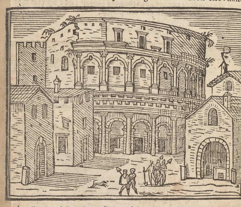 An illustration from Les merveilles de la ville de Rome : ou il est traictè des eglises, stations & reliques des corps saincts, qui y sont : auec la guide, qui enseigne aux estrangers à aysèment trouuer les choses plus remarquables de Rome : auec les noms de papes, empereurs & autres princes chrestiens ..., 1637, leaf 77