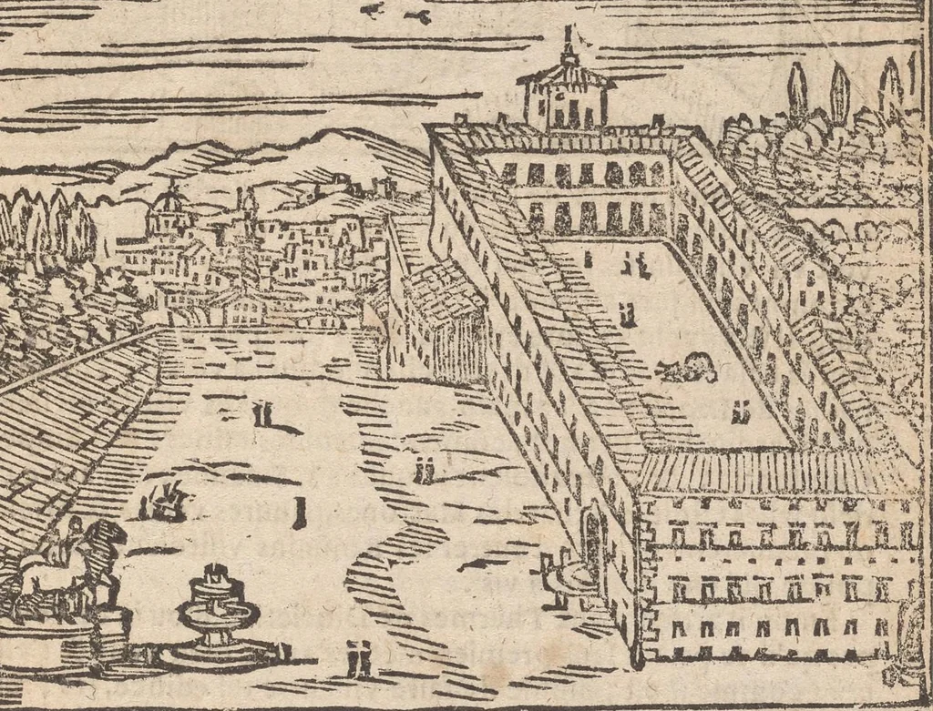An illustration from Les merveilles de la ville de Rome : ou il est traictè des eglises, stations & reliques des corps saincts, qui y sont : auec la guide, qui enseigne aux estrangers à aysèment trouuer les choses plus remarquables de Rome : auec les noms de papes, empereurs & autres princes chrestiens ..., 1637, leaf 82