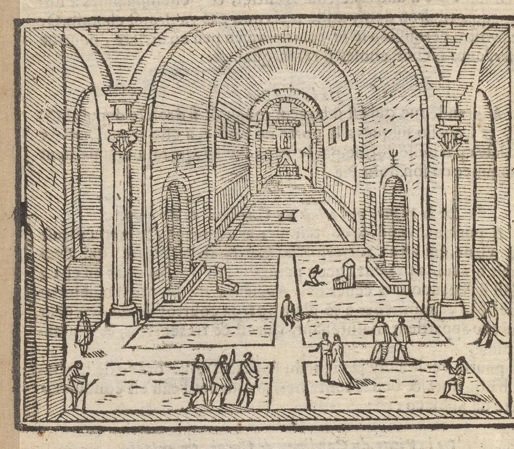 An illustration from Les merveilles de la ville de Rome : ou il est traictè des eglises, stations & reliques des corps saincts, qui y sont : auec la guide, qui enseigne aux estrangers à aysèment trouuer les choses plus remarquables de Rome : auec les noms de papes, empereurs & autres princes chrestiens ..., 1637, leaf 85