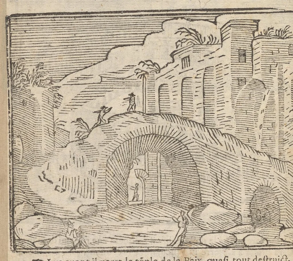An illustration from Les merveilles de la ville de Rome : ou il est traictè des eglises, stations & reliques des corps saincts, qui y sont : auec la guide, qui enseigne aux estrangers à aysèment trouuer les choses plus remarquables de Rome : auec les noms de papes, empereurs & autres princes chrestiens ..., 1637, leaf 87