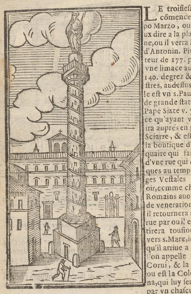 An illustration from Les merveilles de la ville de Rome : ou il est traictè des eglises, stations & reliques des corps saincts, qui y sont : auec la guide, qui enseigne aux estrangers à aysèment trouuer les choses plus remarquables de Rome : auec les noms de papes, empereurs & autres princes chrestiens ..., 1637, leaf 91