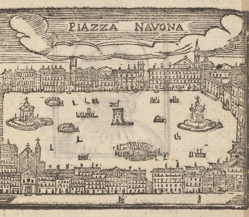 An illustration from Les merveilles de la ville de Rome : ou il est traictè des eglises, stations & reliques des corps saincts, qui y sont : auec la guide, qui enseigne aux estrangers à aysèment trouuer les choses plus remarquables de Rome : auec les noms de papes, empereurs & autres princes chrestiens ..., 1637, leaf 94