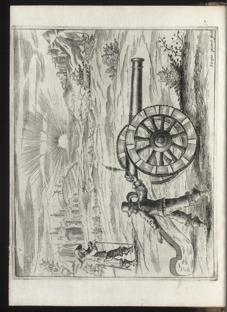 An illustration from Pratique de la guerre : contenant l'vsage de l'artillerie, bombes et mortiers, feux artificiels & petards, sappes & mines, ponts & pontons, tranchées & trauaux, auec l'ordre des assauts aux breches : ensemble vn traité des feux de joye, 1650, leaf 103