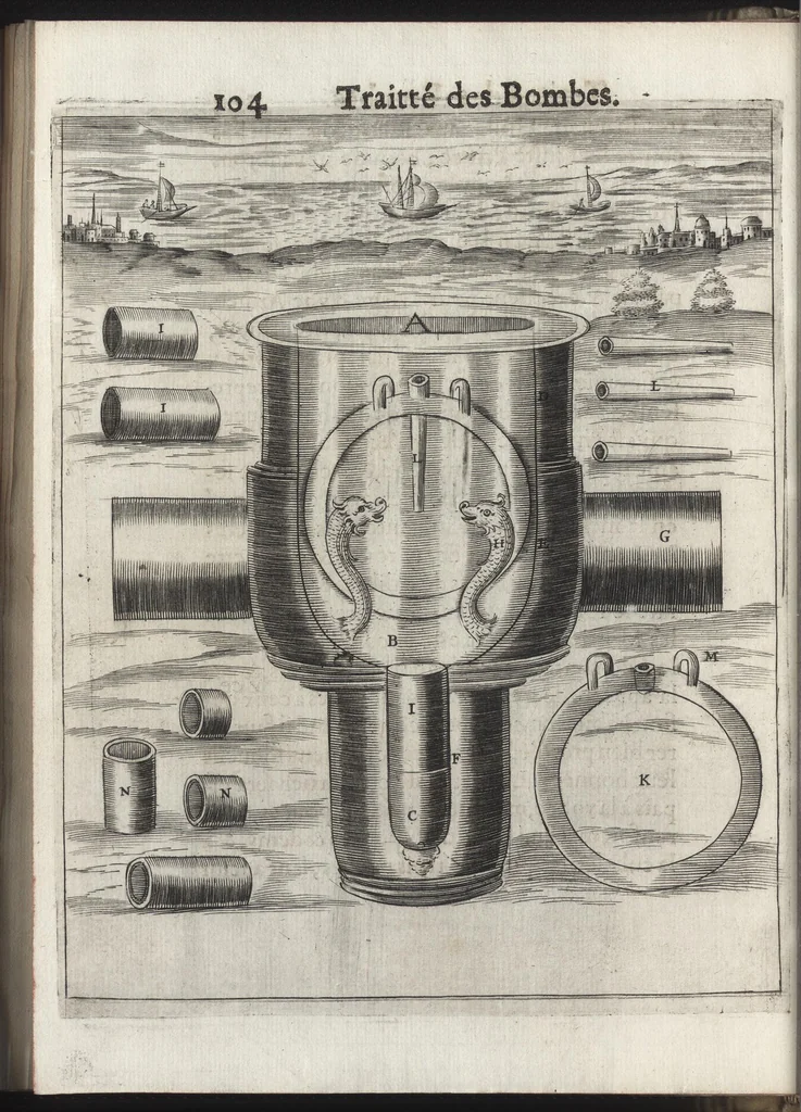 An illustration from Pratique de la guerre : contenant l'vsage de l'artillerie, bombes et mortiers, feux artificiels & petards, sappes & mines, ponts & pontons, tranchées & trauaux, auec l'ordre des assauts aux breches : ensemble vn traité des feux de joye, 1650, leaf 119