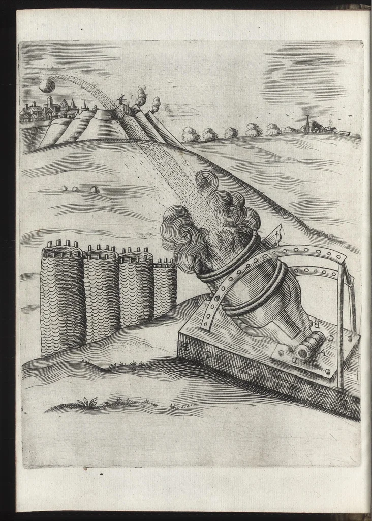 An illustration from Pratique de la guerre : contenant l'vsage de l'artillerie, bombes et mortiers, feux artificiels & petards, sappes & mines, ponts & pontons, tranchées & trauaux, auec l'ordre des assauts aux breches : ensemble vn traité des feux de joye, 1650, leaf 135