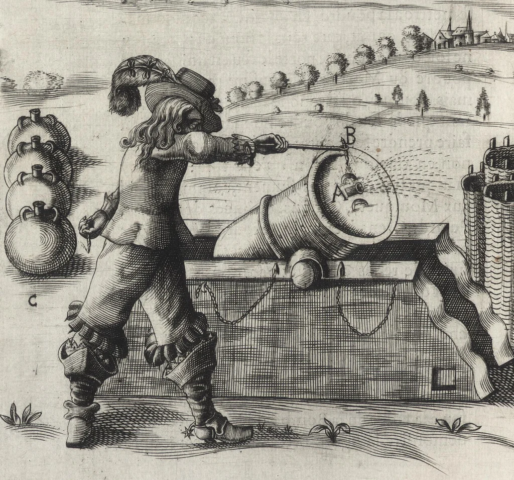 An illustration from Pratique de la guerre : contenant l'vsage de l'artillerie, bombes et mortiers, feux artificiels & petards, sappes & mines, ponts & pontons, tranchées & trauaux, auec l'ordre des assauts aux breches : ensemble vn traité des feux de joye, 1650, leaf 169
