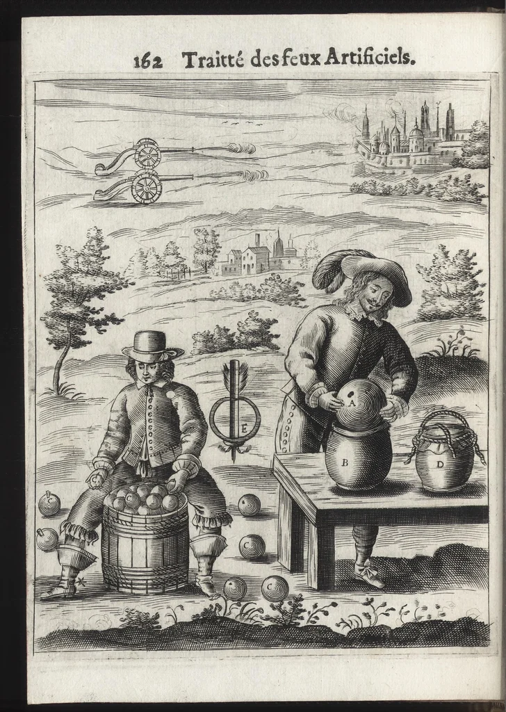 An illustration from Pratique de la guerre : contenant l'vsage de l'artillerie, bombes et mortiers, feux artificiels & petards, sappes & mines, ponts & pontons, tranchées & trauaux, auec l'ordre des assauts aux breches : ensemble vn traité des feux de joye, 1650, leaf 179
