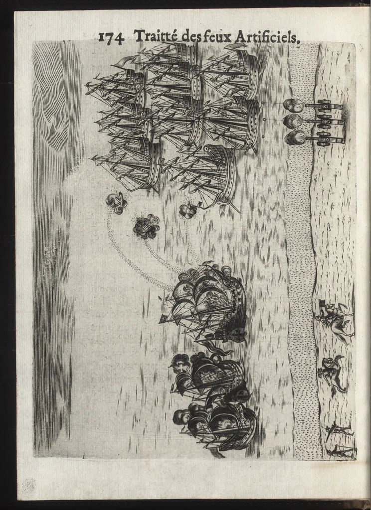 An illustration from Pratique de la guerre : contenant l'vsage de l'artillerie, bombes et mortiers, feux artificiels & petards, sappes & mines, ponts & pontons, tranchées & trauaux, auec l'ordre des assauts aux breches : ensemble vn traité des feux de joye, 1650, leaf 191