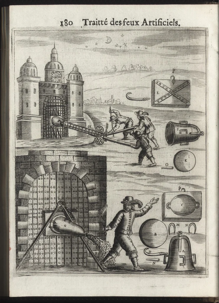 An illustration from Pratique de la guerre : contenant l'vsage de l'artillerie, bombes et mortiers, feux artificiels & petards, sappes & mines, ponts & pontons, tranchées & trauaux, auec l'ordre des assauts aux breches : ensemble vn traité des feux de joye, 1650, leaf 197