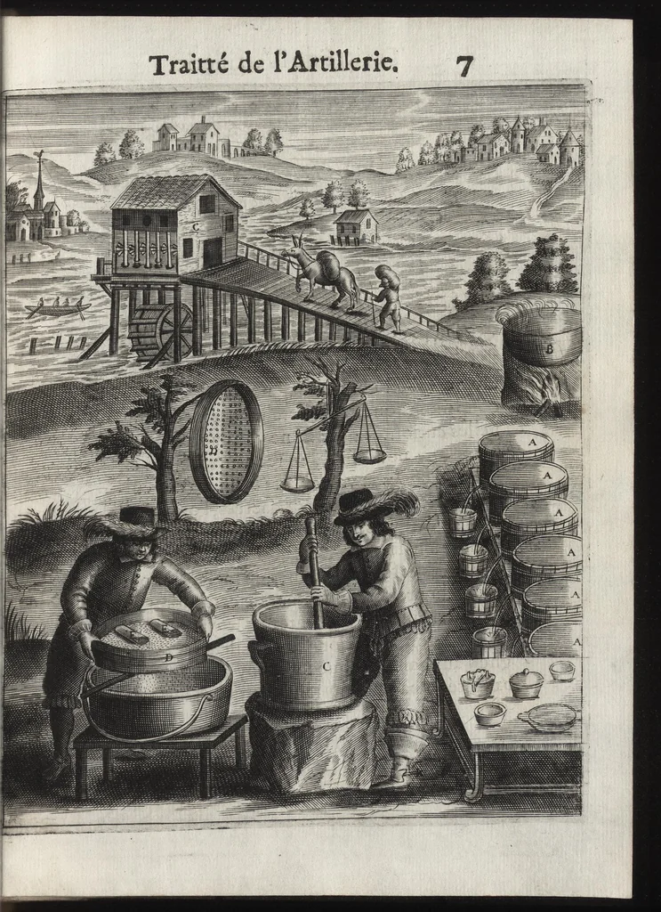 An illustration from Pratique de la guerre : contenant l'vsage de l'artillerie, bombes et mortiers, feux artificiels & petards, sappes & mines, ponts & pontons, tranchées & trauaux, auec l'ordre des assauts aux breches : ensemble vn traité des feux de joye, 1650, leaf 20