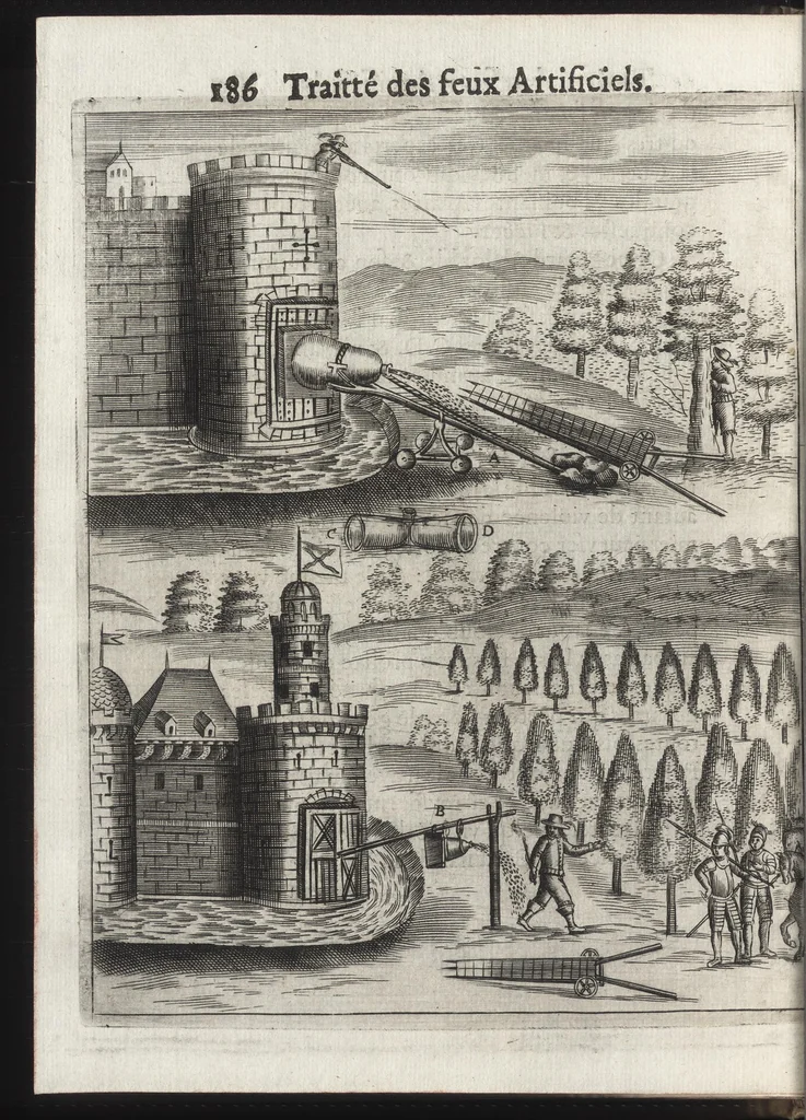 An illustration from Pratique de la guerre : contenant l'vsage de l'artillerie, bombes et mortiers, feux artificiels & petards, sappes & mines, ponts & pontons, tranchées & trauaux, auec l'ordre des assauts aux breches : ensemble vn traité des feux de joye, 1650, leaf 203