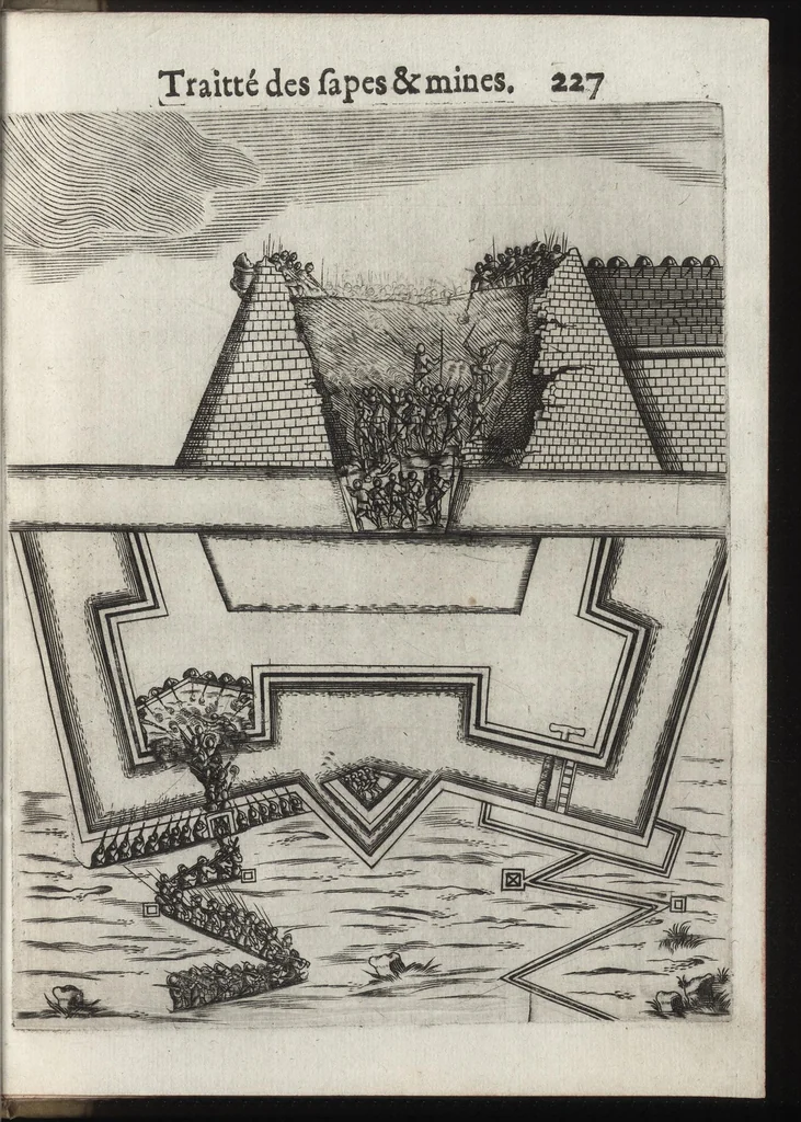 An illustration from Pratique de la guerre : contenant l'vsage de l'artillerie, bombes et mortiers, feux artificiels & petards, sappes & mines, ponts & pontons, tranchées & trauaux, auec l'ordre des assauts aux breches : ensemble vn traité des feux de joye, 1650, leaf 244