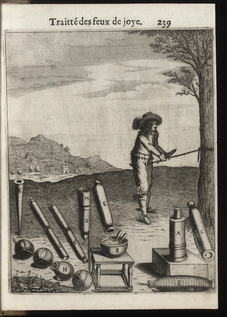 An illustration from Pratique de la guerre : contenant l'vsage de l'artillerie, bombes et mortiers, feux artificiels & petards, sappes & mines, ponts & pontons, tranchées & trauaux, auec l'ordre des assauts aux breches : ensemble vn traité des feux de joye, 1650, leaf 256