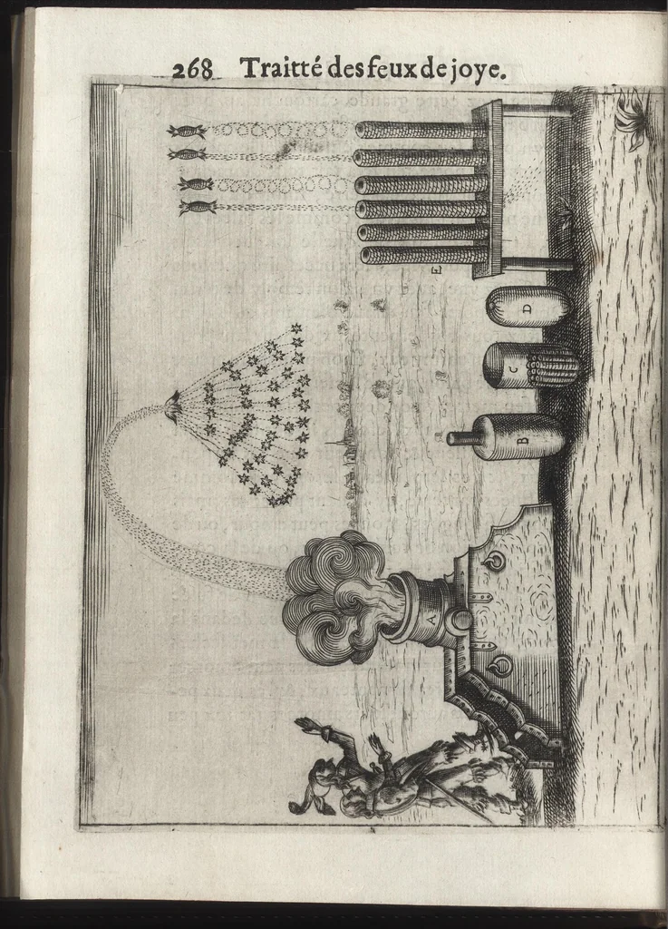 An illustration from Pratique de la guerre : contenant l'vsage de l'artillerie, bombes et mortiers, feux artificiels & petards, sappes & mines, ponts & pontons, tranchées & trauaux, auec l'ordre des assauts aux breches : ensemble vn traité des feux de joye, 1650, leaf 285