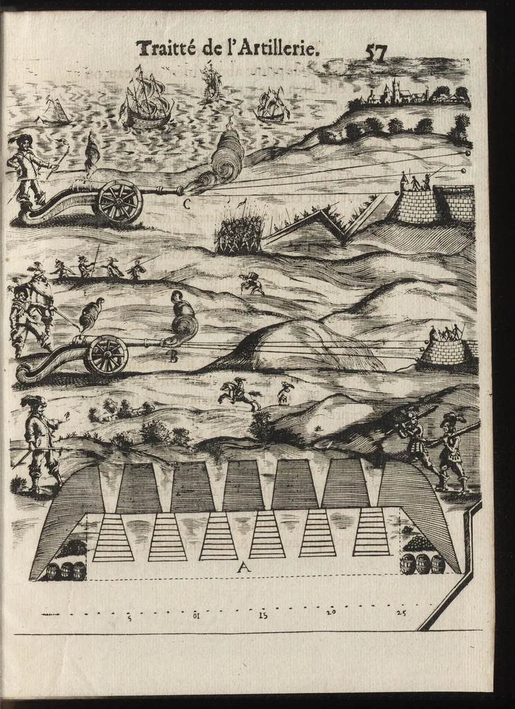 An illustration from Pratique de la guerre : contenant l'vsage de l'artillerie, bombes et mortiers, feux artificiels & petards, sappes & mines, ponts & pontons, tranchées & trauaux, auec l'ordre des assauts aux breches : ensemble vn traité des feux de joye, 1650, leaf 70