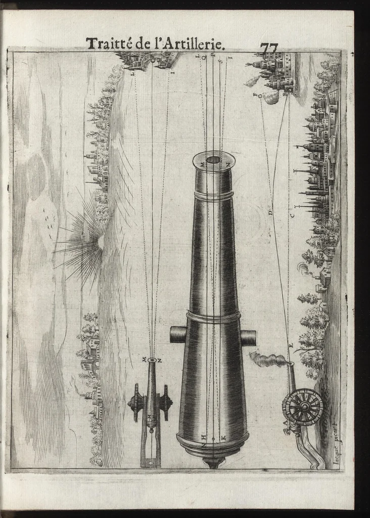 An illustration from Pratique de la guerre : contenant l'vsage de l'artillerie, bombes et mortiers, feux artificiels & petards, sappes & mines, ponts & pontons, tranchées & trauaux, auec l'ordre des assauts aux breches : ensemble vn traité des feux de joye, 1650, leaf 90