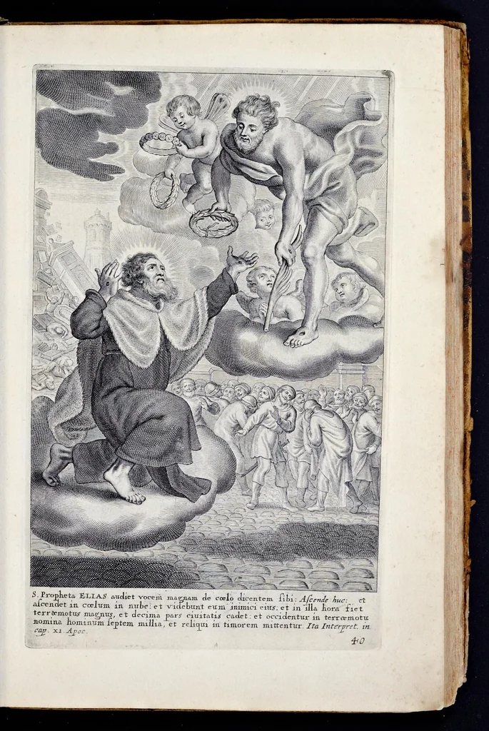 An illustration from Vitae S. Eliae prophetae, S. Mariae Magdalenae de Pazzi & S. Alberti Ordinis Beatissimae Virginis Mariae de Monte Carmelo, iconibus expressae quibus 40 aliae pulcherrimae ejusdem Ordinis sanctorum sanctarumque adjunctae sunt, leaf 114