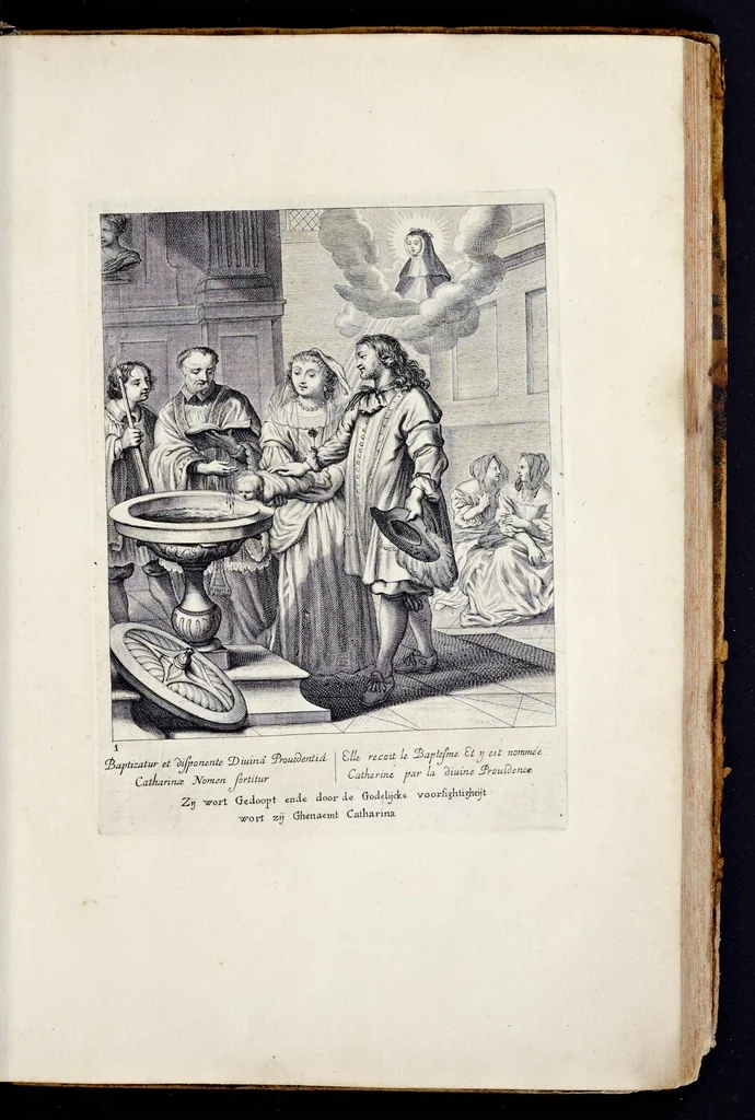 An illustration from Vitae S. Eliae prophetae, S. Mariae Magdalenae de Pazzi & S. Alberti Ordinis Beatissimae Virginis Mariae de Monte Carmelo, iconibus expressae quibus 40 aliae pulcherrimae ejusdem Ordinis sanctorum sanctarumque adjunctae sunt, leaf 120