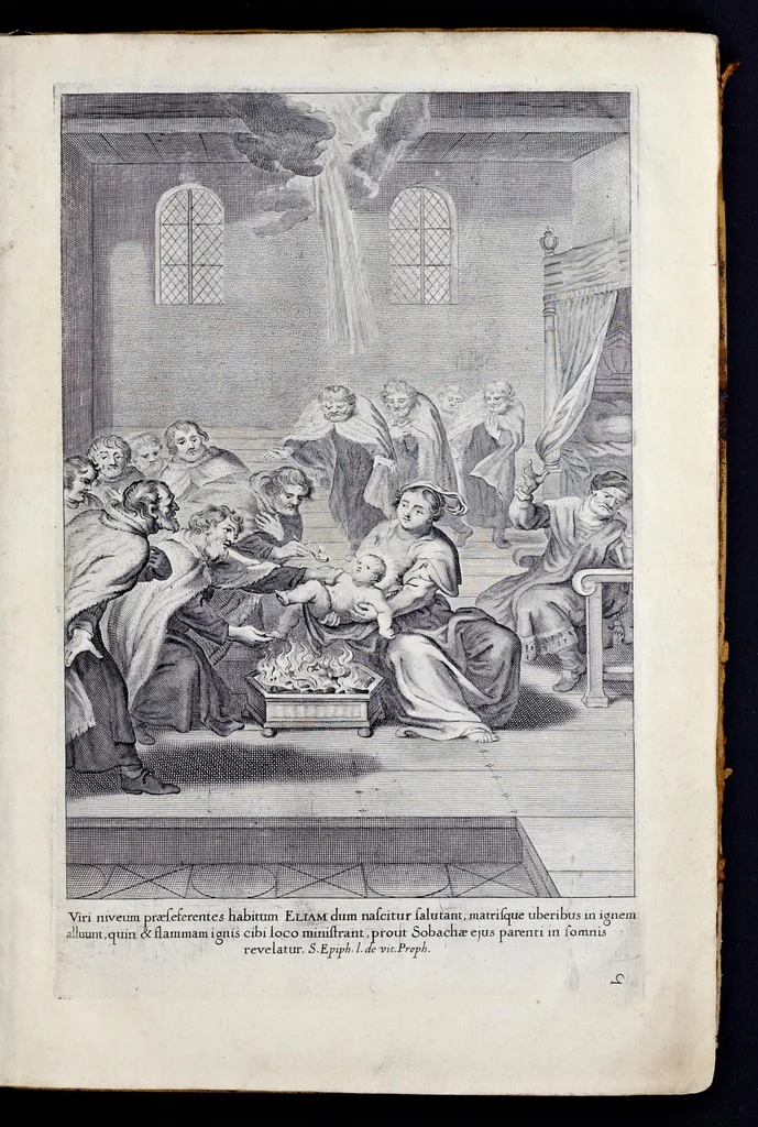 An illustration from Vitae S. Eliae prophetae, S. Mariae Magdalenae de Pazzi & S. Alberti Ordinis Beatissimae Virginis Mariae de Monte Carmelo, iconibus expressae quibus 40 aliae pulcherrimae ejusdem Ordinis sanctorum sanctarumque adjunctae sunt, leaf 14