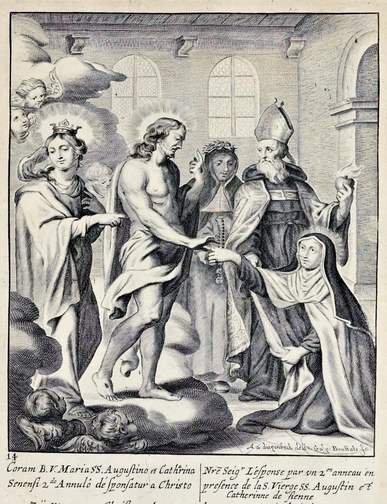 An illustration from Vitae S. Eliae prophetae, S. Mariae Magdalenae de Pazzi & S. Alberti Ordinis Beatissimae Virginis Mariae de Monte Carmelo, iconibus expressae quibus 40 aliae pulcherrimae ejusdem Ordinis sanctorum sanctarumque adjunctae sunt, leaf 146