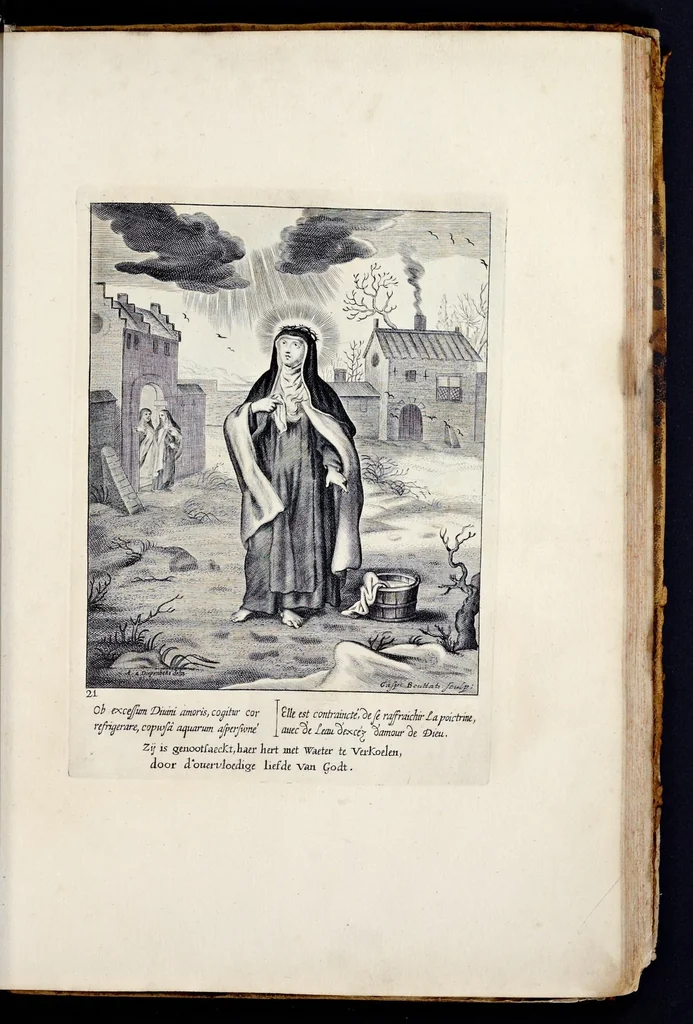 An illustration from Vitae S. Eliae prophetae, S. Mariae Magdalenae de Pazzi & S. Alberti Ordinis Beatissimae Virginis Mariae de Monte Carmelo, iconibus expressae quibus 40 aliae pulcherrimae ejusdem Ordinis sanctorum sanctarumque adjunctae sunt, leaf 160