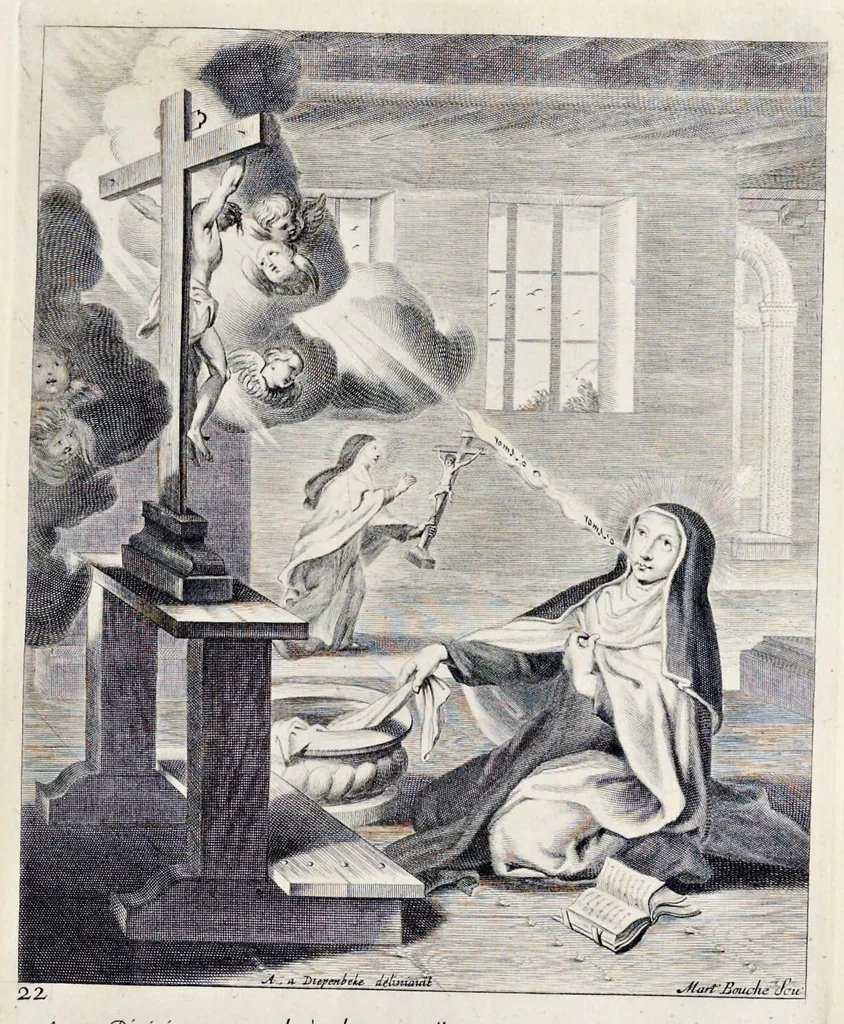 An illustration from Vitae S. Eliae prophetae, S. Mariae Magdalenae de Pazzi & S. Alberti Ordinis Beatissimae Virginis Mariae de Monte Carmelo, iconibus expressae quibus 40 aliae pulcherrimae ejusdem Ordinis sanctorum sanctarumque adjunctae sunt, leaf 164