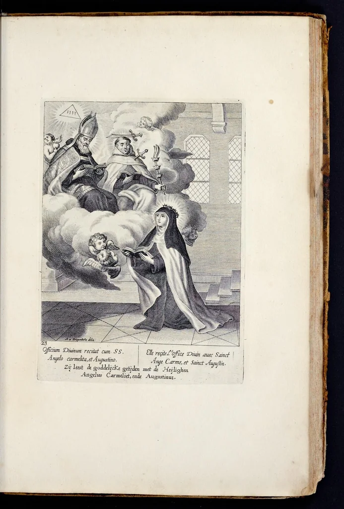 An illustration from Vitae S. Eliae prophetae, S. Mariae Magdalenae de Pazzi & S. Alberti Ordinis Beatissimae Virginis Mariae de Monte Carmelo, iconibus expressae quibus 40 aliae pulcherrimae ejusdem Ordinis sanctorum sanctarumque adjunctae sunt, leaf 166