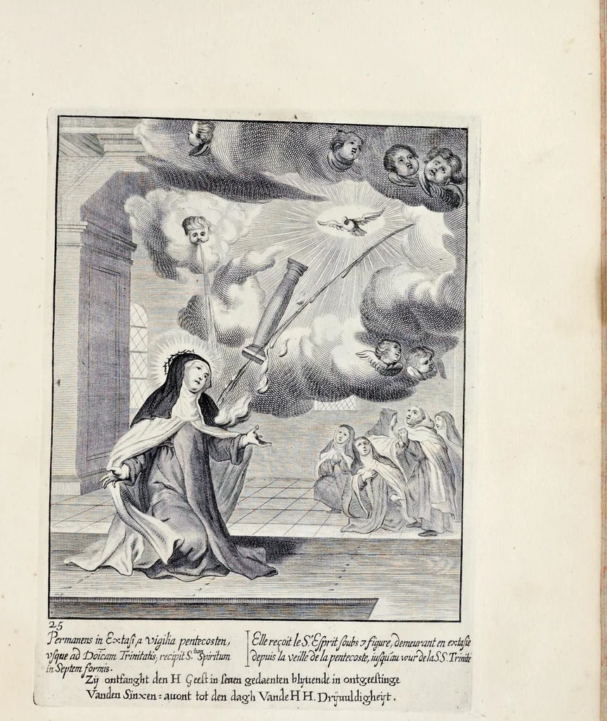 An illustration from Vitae S. Eliae prophetae, S. Mariae Magdalenae de Pazzi & S. Alberti Ordinis Beatissimae Virginis Mariae de Monte Carmelo, iconibus expressae quibus 40 aliae pulcherrimae ejusdem Ordinis sanctorum sanctarumque adjunctae sunt, leaf 170
