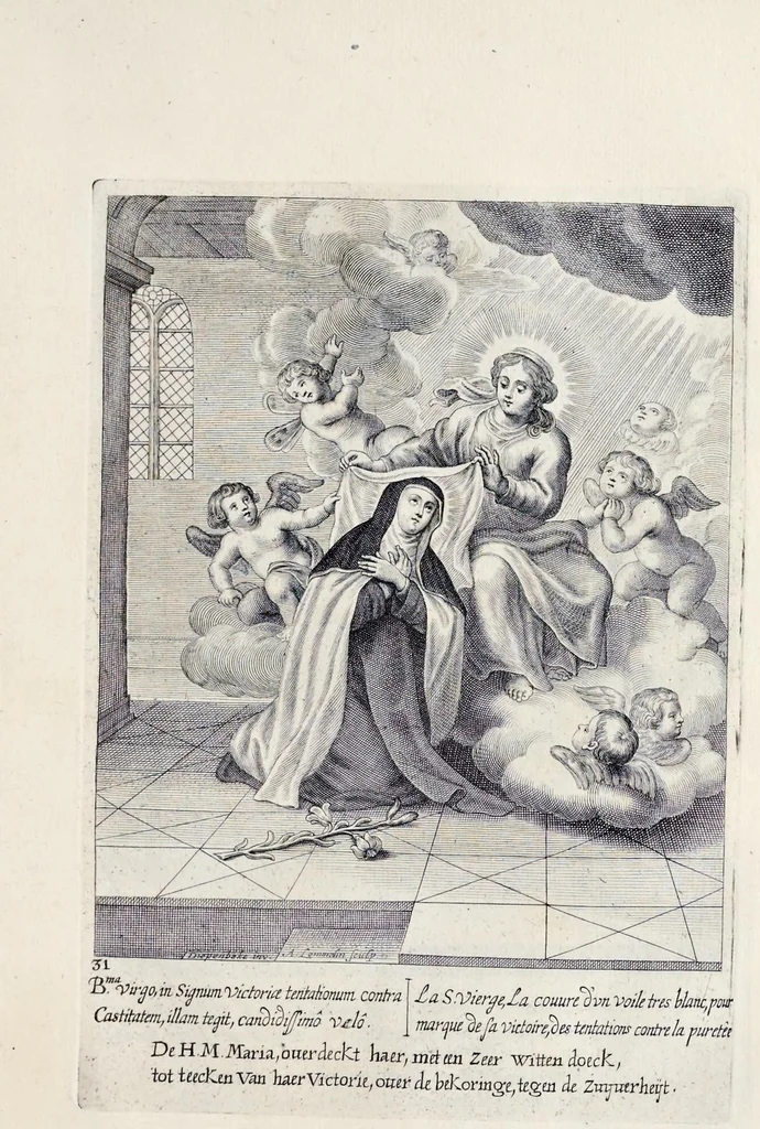 An illustration from Vitae S. Eliae prophetae, S. Mariae Magdalenae de Pazzi & S. Alberti Ordinis Beatissimae Virginis Mariae de Monte Carmelo, iconibus expressae quibus 40 aliae pulcherrimae ejusdem Ordinis sanctorum sanctarumque adjunctae sunt, leaf 182